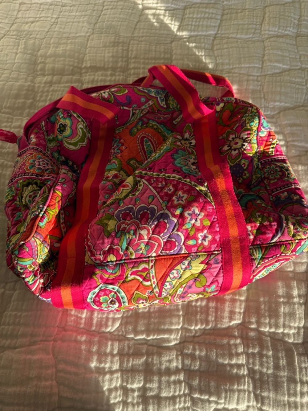Vera Bradley Hot Pink Quilted Paisley Tote with Orange-Striped Handles